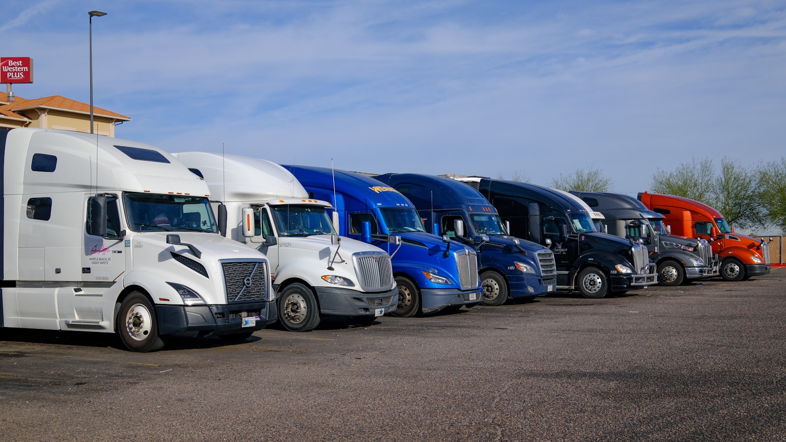 Several semi-trucks parked in a row.
